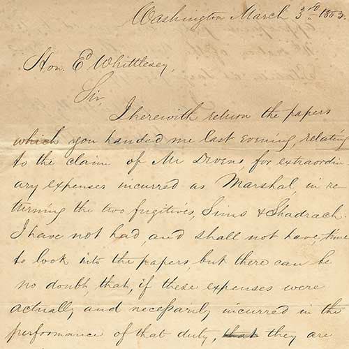 Millard Fillmore (1800–1874), first page of a letter to Elisha Whittlesey (1783–1863), First Comptroller of the United States Treasury, March 3, 1863. Denis L. Shapiro Collection. The Huntington Library, Art Museum, and Botanical Gardens. 