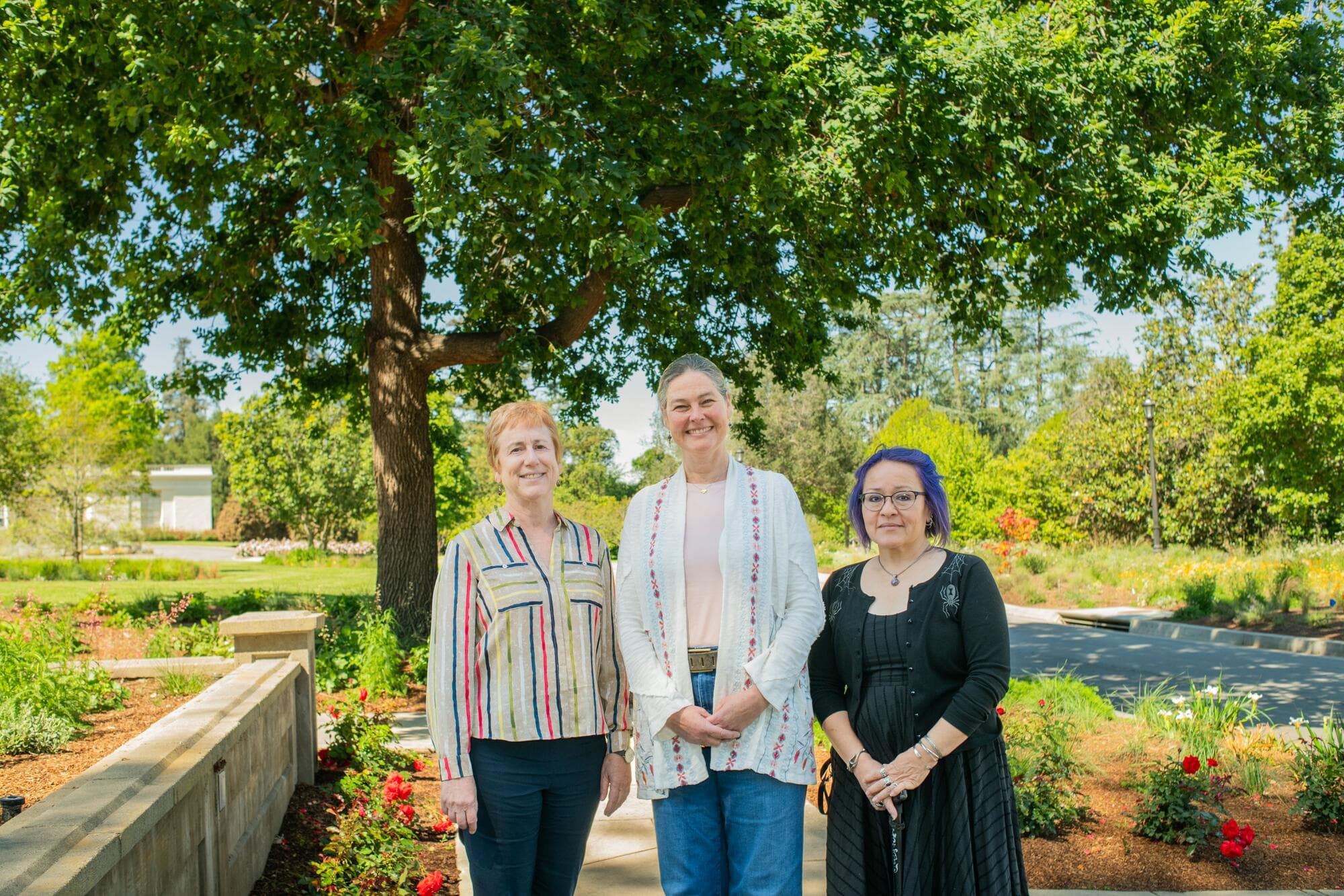 Three people standing in front of a tree in a garden.