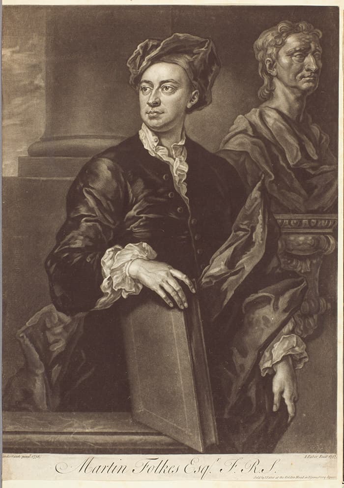 Mezzotint of Martin Folkes with a bust of Isaac Newton
