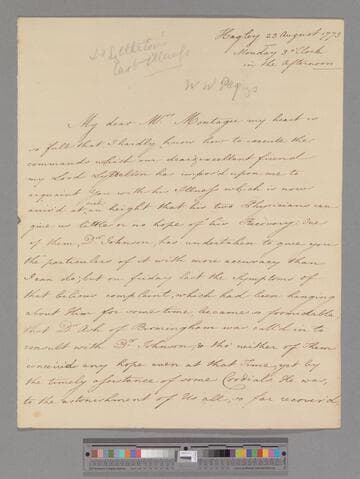 Pepys, Sir William Weller, Bart. Letter to Elizabeth (Robinson) Montagu