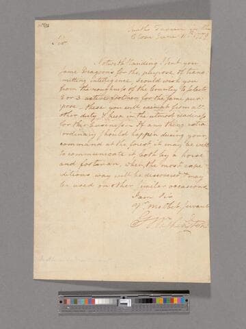 Letter from George Washington, Smith's Tavern in the Clove, to Colonel Otho Williams