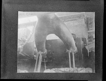 The original wishbone shaped nozzle and Pelton wheel of unit #1 at Mill Creek #1 Hydro Plant