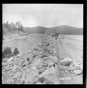 Big Creek, Huntington Lake Dams - Progress of backfills on Huntington Lake Dams by Stone & Webster Co