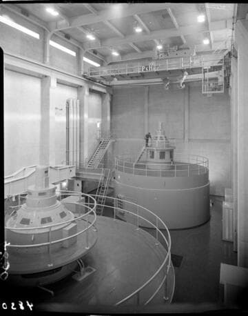 Interior shot of Big Creek Powerhouse #4 with the two vertical axis Francis turbine generators