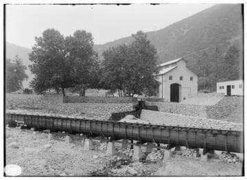 Santa Ana River #2 Powerhouse - Reconstruction at SAR #2 from across canyon. [View from downstream showing flume carrying river pick