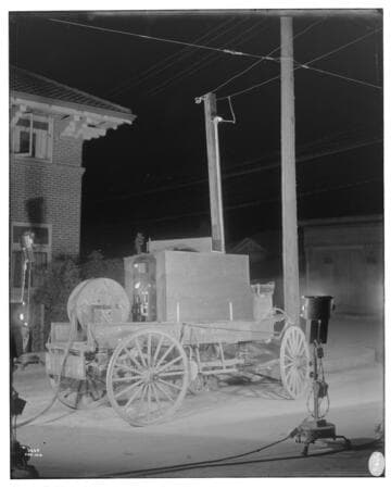 Portable substation powering a home in Santa Barbara at night