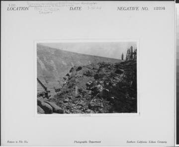 Big Creek, Shaver Lake Dam - Proposed woodstave pipeline from Huntington Lake to Shaver Lake. Looking from west side of Big Creek