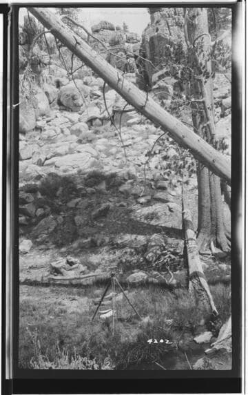 Surveyors transit set up on tripod in a meadow somewhere