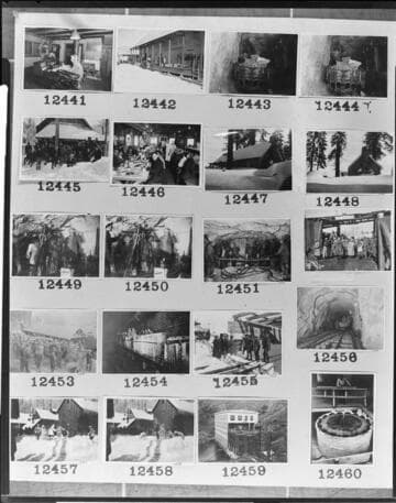 Multiple-image copy film negative with images of hydro construction at Big Creek: #02-12441 to #02-12460