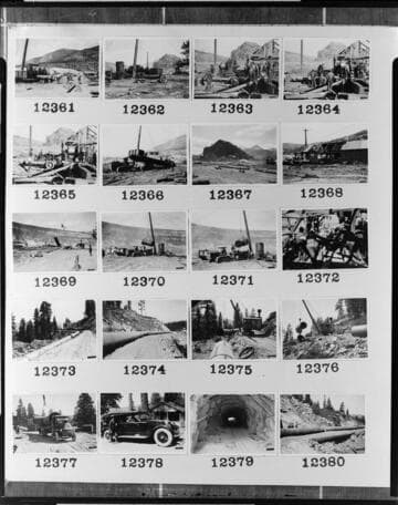Multiple-image copy film negative with images of hydro construction at Big Creek: #02-12361 to #02-12380