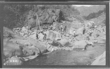 A construction crew working on the Middle Fork headworks at Kaweah #3 Hydro Plant