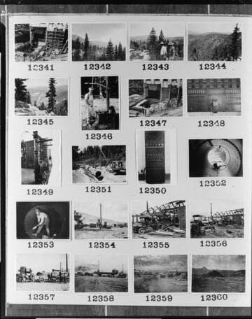 Multiple-image copy film negative with images of hydro construction at Big Creek: #02-12341 to #02-12360