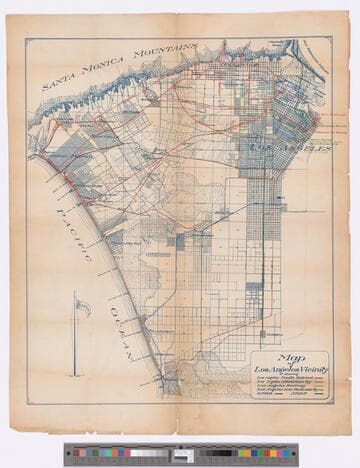 Map of Los Angeles vicinity showing Los Angeles Pacific Railway, Los Angles Interurban Ry, Los Angeles Railway, Los Angeles and Redondo Ry.; S.P.R.R., A.T. & S.F. [and 6 additional lines and proposed franchise routes]