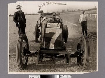 Race car driver "Wild" Bob Burman at a Los Angeles racetrack