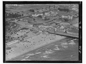 Aerial detail of Santa Monica Pier and beach north of pier
