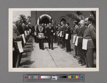 Funeral service for Peter SooHoo, the casket leaving the church, Masons flanking the sidewalk
