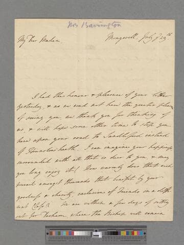 Barrington, Jane (Guise). Letter to Elizabeth (Robinson) Montagu