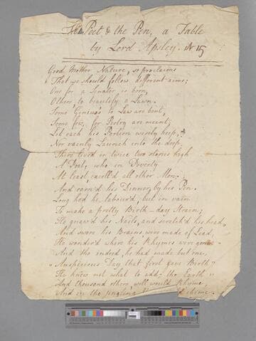 Bathurst, Henry, 3rd Earl Bathurst. The Poet & the Pen, a Fable by Lord Apsley at 15 [: a poem]