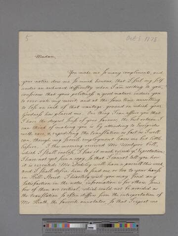 Potter, Robert. Letter to Elizabeth (Robinson) Montagu