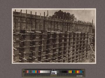 Huntington Library Construction: view showing east side of the Center Wing, looking north west; taken from the second floor of the East Wing