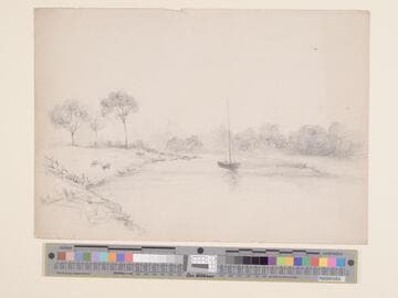 River Scene with Boat and Distant Spire