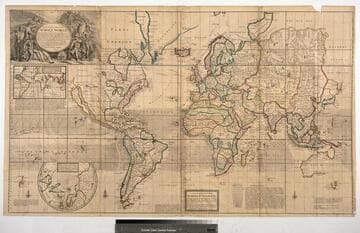 A new & correct map of the whole world : showing the situation of its principal parts, viz. the oceans, kingdoms, rivers, capes, ports, mountains, woods, trade winds, monsoons, variation of the compass, climats, &c with the most remarkable tracks of the bold attempts which have been made to find out the North East and North West Passages  the projection of this map is call'd Mercator's  the design is to make it useful both for land and sea  and it is laid down with all possible care, according to the newest and most exact observations / by Herman Moll, Geographer