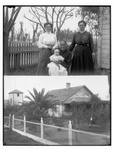 Family portrait ; house with fruit trees, Merced Falls, Merced County