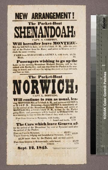 The packet-boat Shenandoah, Capt. S. Compson, will hereafter leave Montezuma for Geneva daily ... Sept. 12, 1845