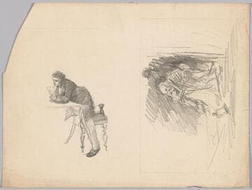 Man Leaning on Table, Woman Embraced by Skeleton