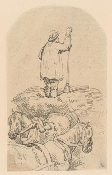 A Farmer Standing on Hay; Two Horses