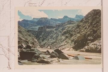 Upriver from about Mile 102 1/2 in Grand Canyon showing the kayak used by Bernd Uhrmeister in his solo run from Mile 89 to Temple Bar in 1965