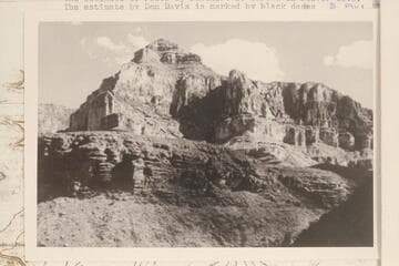 Stanton-Hislop-Kane route in climb to saddle between Ra and Osiris as estimated by Harvey Butchart from below (marked by silver dots).  The estimate by Don Davis is marked by black dots