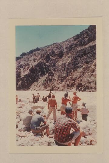 Picturing the Powell crew at 205 Mile Rapid.  Jim Algar is extreme left in distance.  Atht e camera are Russ Haverick; Dick Kelley; Gordon Avil; Doc Reed
