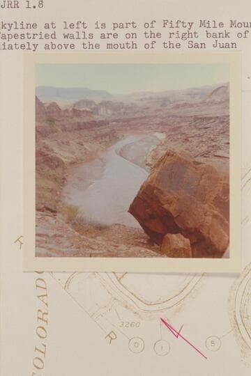 Down the San Juan River from the downstream side of the cove at Mile 1.  The skyline at left is part of Fifty Mile Mountain.  The Tapestried walls are on the right bank of the Colorado immediately above the mouth of the San Juan
