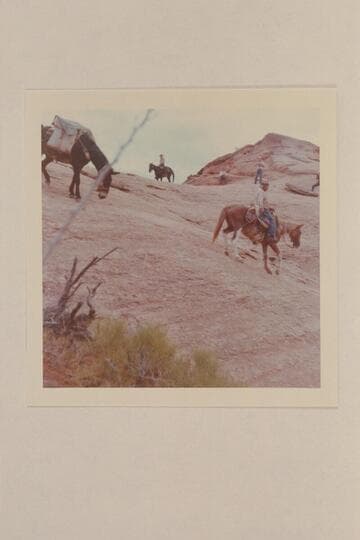 Sid Whiskers rides down the slick rock at the summit of the trail between Bald Rock Creek and Nasja Creek.  Albert follows