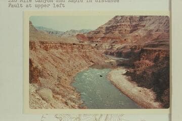Up to Granite Springs Canyon from foot of Granite Springs Rapid. 220 Mile Canyon and Rapid in distance. Fault at upper left