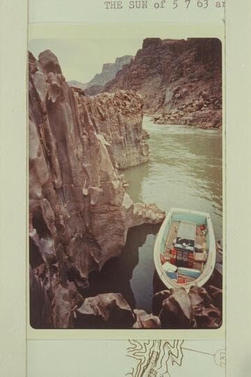 The Turbocraft operated by Bill and Buzz Belknap moored at the head of Lake Mead in the spring of 1963 when the flow had been cut to about 1,000 cfs.  About Mile 236