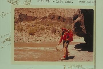 Colin Fletcher near the end of his remarkable walk down the Grand Canyon from the mouth of Supai to Diamond Creek.  Taken near Mile 216 left bank