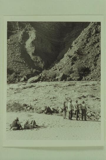 Study of Hance Rapid before running on the morning of June 15, 1950. Left to right: Forcier, Desloge, Marston, Ed Hudson, Edward Hudson and Taylor