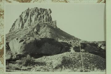 Photo 497 of Expedition to So-Called "Canyon of the Little Horses," bearing caption "Close-up of Sinyala Butte. Comparison with photo 500 and its identification by Butchart shows this to be Mt. Akaba