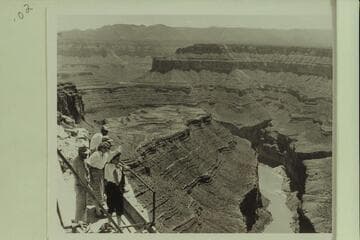 The Marble Gorge from the cable platform at Mile 39. The group are looking at the camp of the motorboat crew