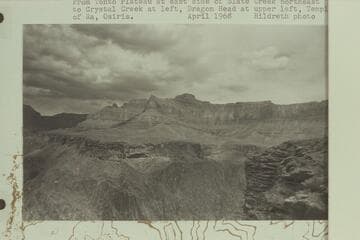 From Tonto Plateau at east side of Slate Creek northeast to Crystal Creek at left, Dragon Head at upper left, Temple of Ra, Osiris