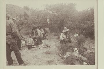 Camp in middle fork of 73.6. Archeyes Masland; Dock Marston; Bill Belknap; Buster Ordiway; Dan Lehi; Tobe Owl; Buck Whitehat