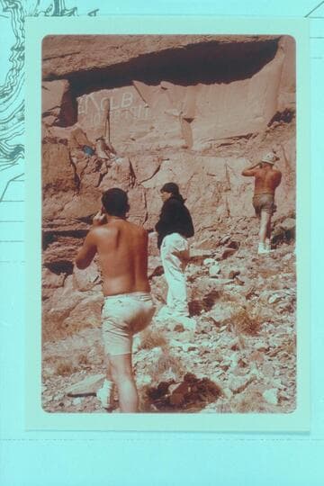 Photographing the Kolb inscription at Mile 202.25. The inscription was painted 1911, Oct. 28. Buzz Belknap; Dock Marston; Bill Belknap