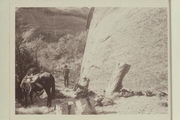 Tobe Owl and Buck Whitehat in camp.  Middle fork of 73.6