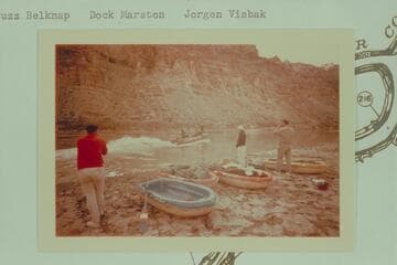 Tex and his "Major Powell" leaves the Yak party on the beach at Mile 212 1/2 left bank. Buzz Belknap, Dock Marston, Jorgen Visbak