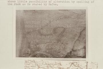 Antoine Robidoux inscription on the Book Cliffs at the mouth of Westwater Creek Canyon.  Note that the middle letter in the last word is a Y and shows little possibility of alteration by spalling of the rock as is stated by Hafen