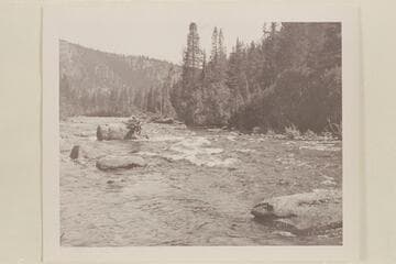 The upper Colorado River below Columbine Creek when it was run in a kayak by Harold H. Leich.  Below Columbine Creek; roaring stretch with large boulders