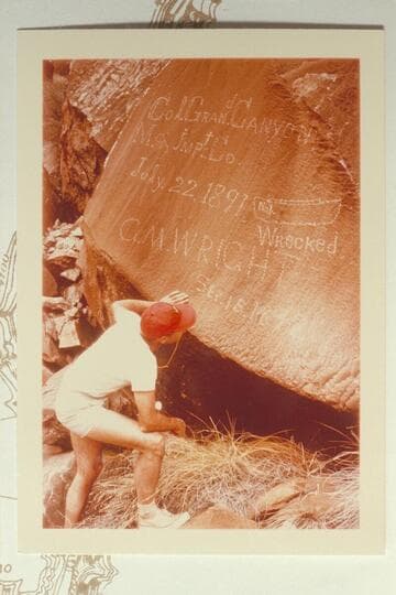 Jorgen checks the light angles on the Best expedition and the Wright inscriptions at Mile 204 1/2 in Cataract Canyon