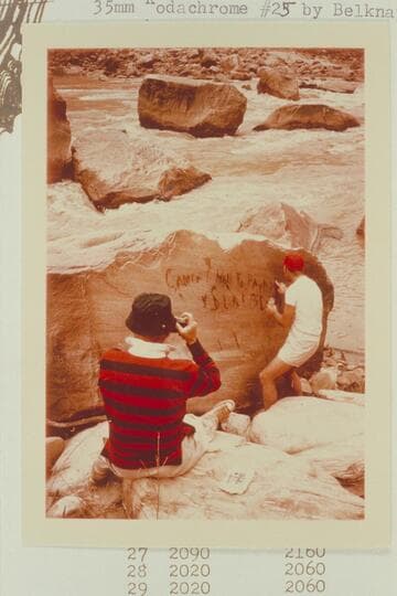 Dock photographs Jorgen Visbak who points up the Best Expedition inscription at Mile 204 1/2. Best Wreck Rapid